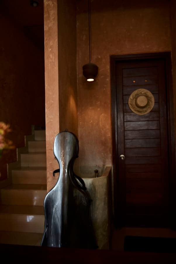 A cello case in a hallway